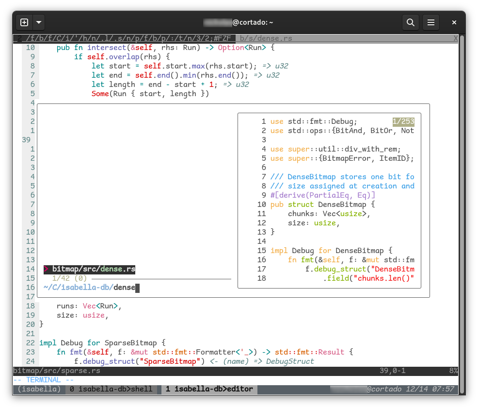 Screenshot of the vim text editor showing file search with fzf